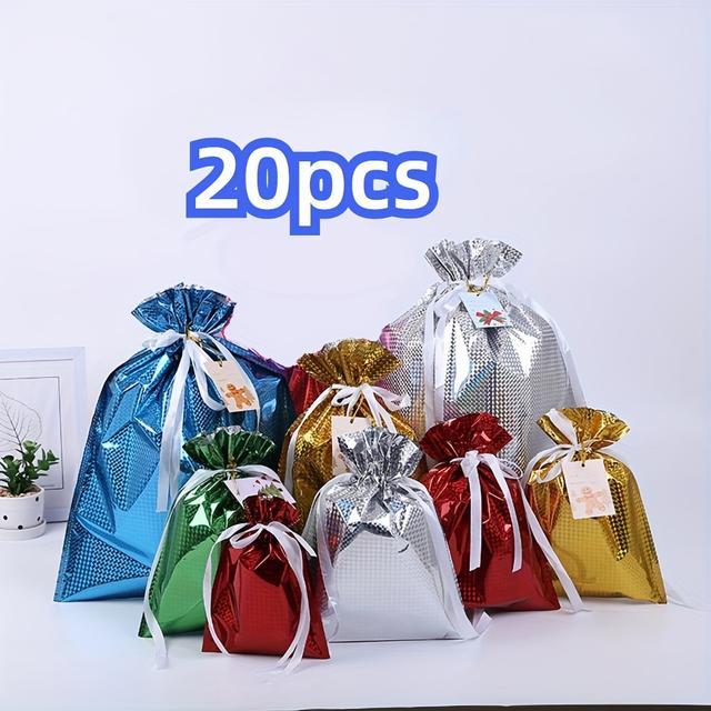 TEMU 20 Stück weihnachtliche Geschenktüten mit Kordelzug, weihnachtliche Bonbontüten mit Bändern, metallisch glänzende Geschenkverpackungstüten für Weihnachtsgeschenke