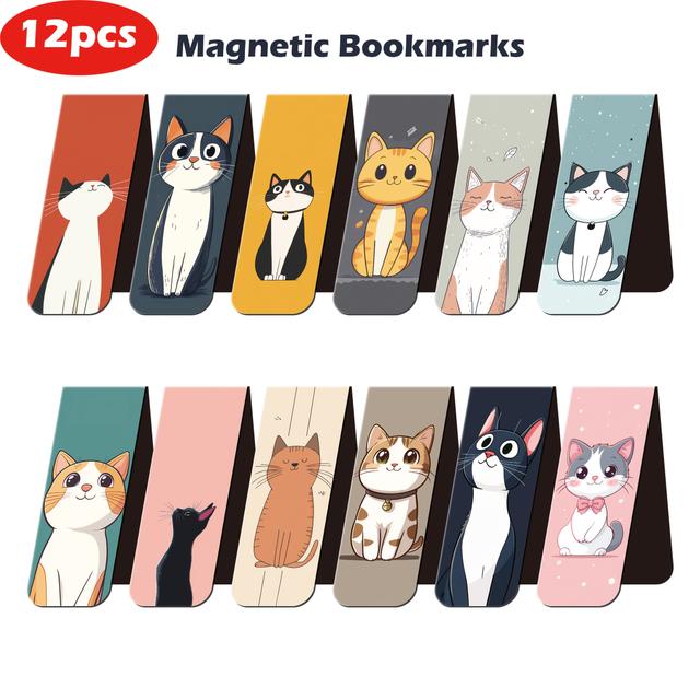 TEMU 12 Stk. Verspielte Katzen-Magnet-Lesezeichen - Verschiedene Katzen-Designs, Langlebiges Papiermaterial, Ideal für Leser, Schüler, Lehrer und Partygeschenke