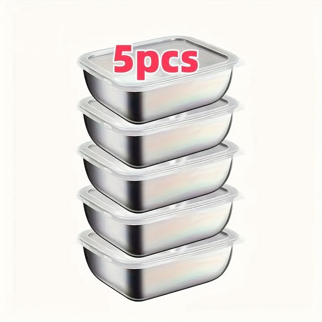 TEMU 5pcs Outdoor Camping Stainless Steel Transparent Lid Food Storage Container Set, Suitable For Freezer And Dishwasher, Stackable Kitchen Lunch Box, Refrigerator Lunch Box