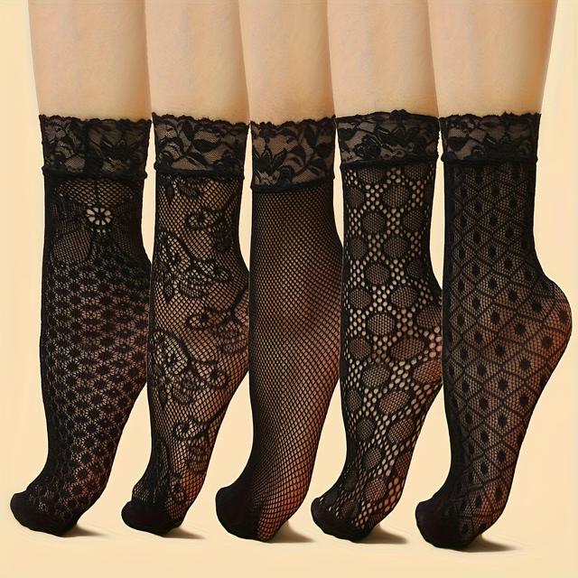 TEMU 5pcs Elegant Women's Lace Floral Trim Ankle - Ultra-thin Sheer Mesh, Fashionable Print Short