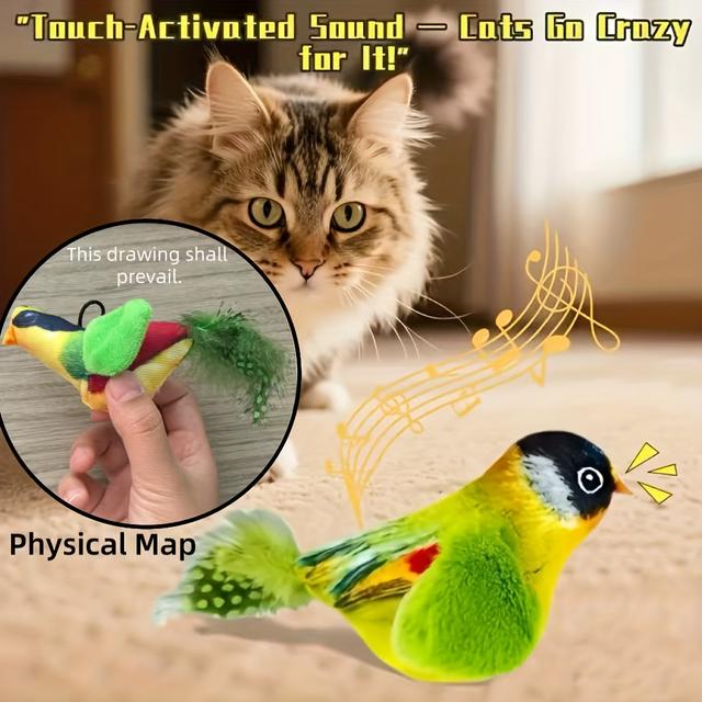 TEMU Interactive Plush Bird Teaser Toy For Cats - Realistic Chirping Sound, Artificial Feathers, Fluffy Feather Sticks, Handmade Design, Single-player Gaming And Hunting Fun, Suitable For All Cats