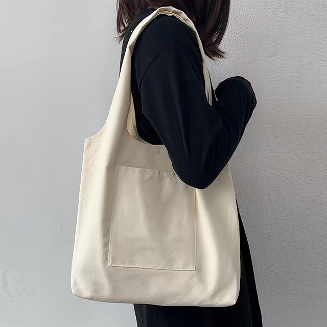 TEMU Fashionable Beige Tote Bag With Pocket, No Pattern, Large Capacity & Lightweight - Ideal For Travel And Shopping