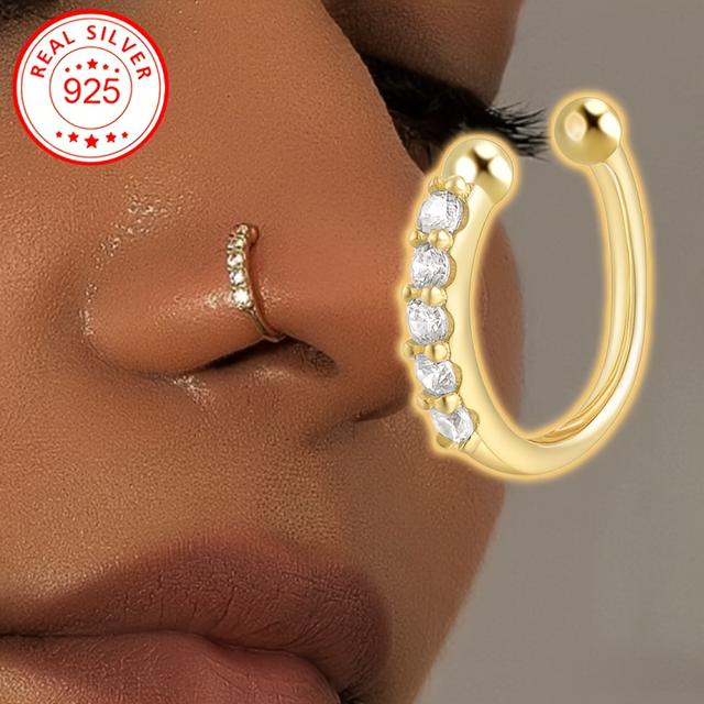 TEMU 1pc, Women's Inlaid Solid Cubic Zirconia Nose Ring, S925 Silver, Adjustable No-piercing Wearable, Women's Fashion Daily Wear, Low Allergy
