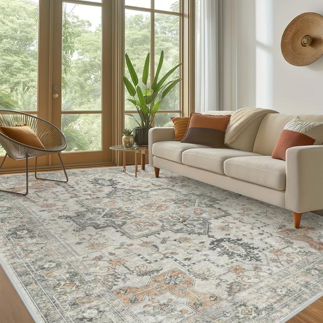 TEMU Area Rug Machine Washable Non-slip Vintage Chenille Print, Low Pile For Bedroom, Dining Room, Home Office - Light Taupe Brown