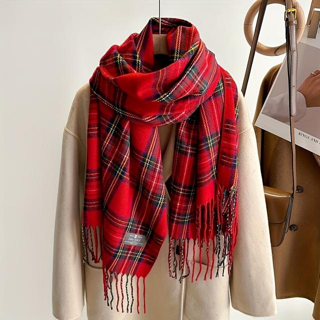 TEMU Women's Scarf, Large Red Cashmere, Wear, Tassel, College Style, Breathable, Warm, Casual , Hand Wash Or , Polyester (poly) Material