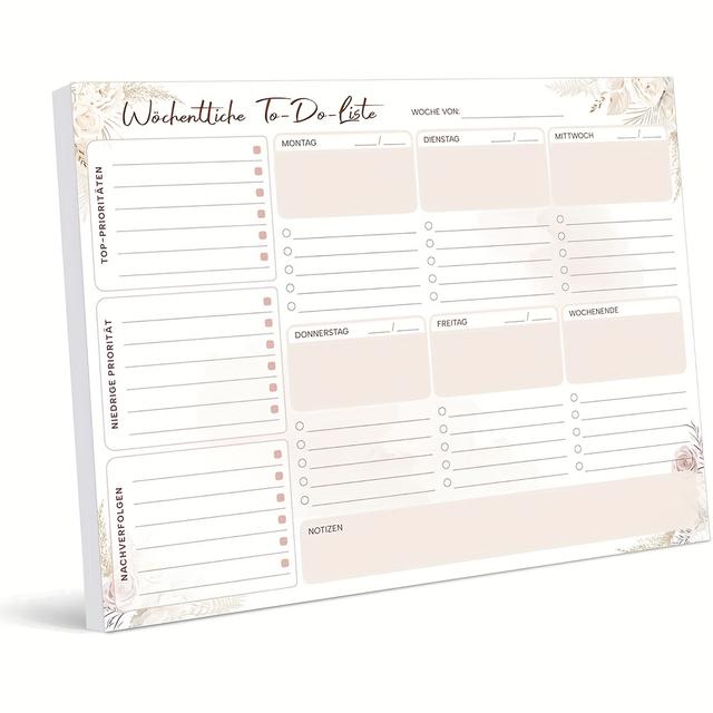 TEMU Wochenplaner A4 Undatiert (50 Seiten), Schreibtischunterlage, Wochenkalender mit Wochenansicht für Termine, Aufgaben & Notizen