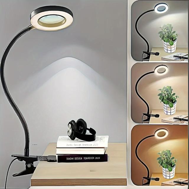 TEMU Magnifying Mirror, Desk Lamp, Embroidered Beauty Work Lamp, Dimmable Color Matching Universal Hose, Eye Protection Bedside Clip Lamp, Suitable For Reading, Office, Manual Carving, Etc