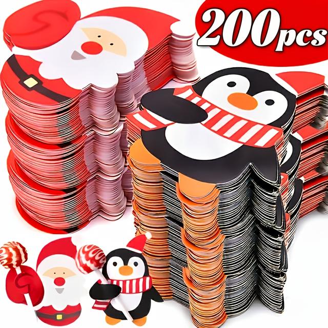 TEMU 산타 , 펭귄, 눈사람 컷아웃이 특징인 크리스마스 롤리팝 인사말 카드 200개 세트입니다. 빨간색과 흰색 체크 무늬 리본과 하트 모양 컷아웃이 특징입니다. 파티, 교실에서 선물 교환에 이상적입니다.