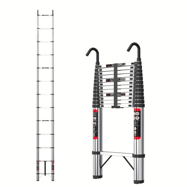 TEMU Telescopic Ladder, 5m/16.4ft Stainless Steel Telescoping Ladder With 2 Stable Hook, Portable Extension Ladder For Household And Outdoor Working, 330lb Capacity