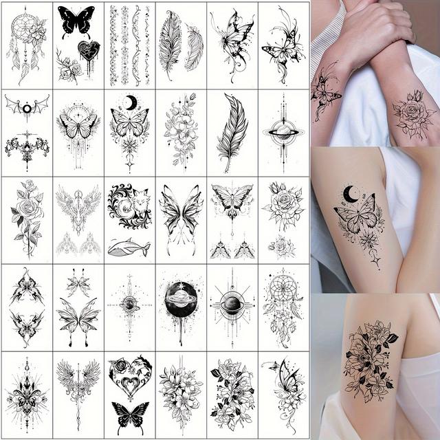 TEMU 30pcs Collection Of Temporary Tattoo Stickers Featuring Black Moon, Planet, Flower, , And Plume Designs For Women