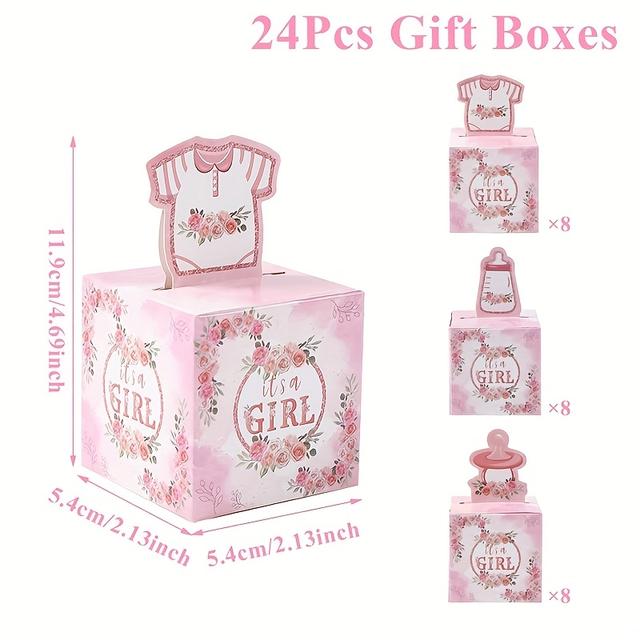 TEMU 24pcs " A Girl" Baby Shower Candy & Treat Boxes With Lids - Floral, Baby Clothes, Bottles & Patterns - Baby Favors, Squares Gift Boxes For Showers (paper) 24pcs