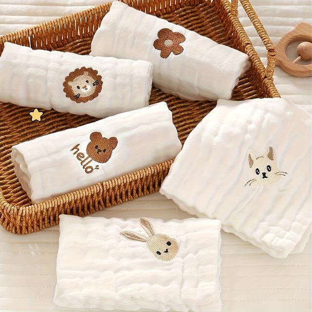 TEMU 5pcs Cute Cartoon Embroidered Baby Towel Set: Soft Face Cloths, Newborn Washcloths, Essential Handkerchiefs, And Bibs For Kids