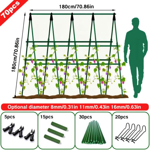 TEMU 정원 식물을 지지하기 위한 튼튼한 금속 지지대 70개 세트. 지지대 직경 8mm, 11mm 또는 16mm의 막대 지름으로 70.86X70.86인치입니다. 녹 방지 코팅 처리된 이 지지대는 채소, 과일 및 덩굴 식물에 적합하게 설계되었습니다.