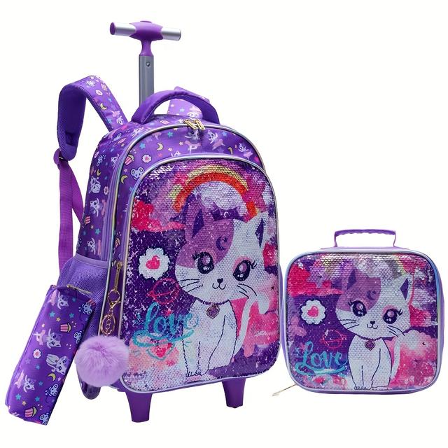 TEMU 3pcs Sac à Dos Roulant pour Filles - Design Chat Violet avec Paillettes, Cartable Élémentaire 17" avec Poche à Main et Trousse à Stylos pour Enfants