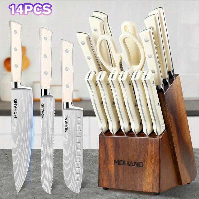 TEMU Kitchen Knife Set With Block, 14pcs Knife Set With Knife Sharpener, Stainless Steel Knife Block Set With Ergonomic Handle