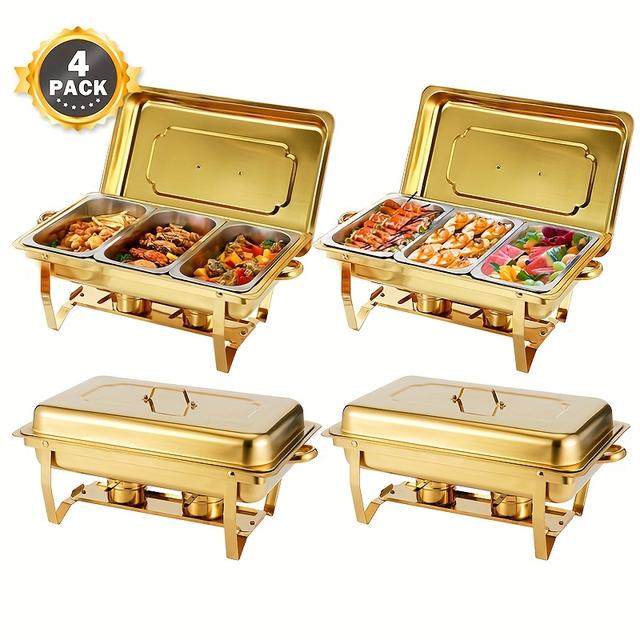 TEMU 12l Golden Stainless Steel Buffet With 4pcs, A Heated Insulated Pot, Ideal For Family Events, Banquets, And Commercial Hotels, Designed For Cooking. ( Cooking)