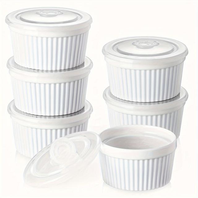TEMU Set Of 6, 8 Oz Oven-safe Ramekins With Lids, Perfect For Creme Brulee, Made Of White Porcelain, Ideal For Baking Souffles, And Designed To Be Stackable