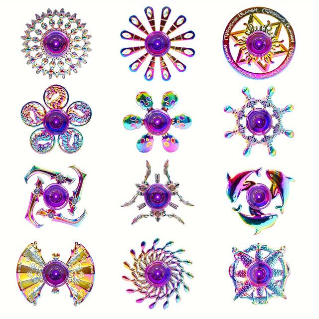 TEMU 12 Pack Alloy Fidget Spinners - Smooth Spin Metal Toys For Kids, Classroom Prizes Bulk Gift Set (12 Styles)