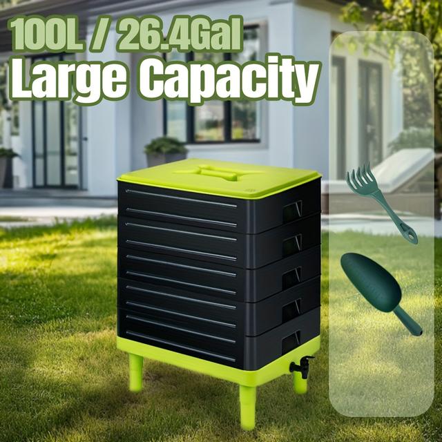 TEMU 100L Wormencomposter, 5-Lade Wormencompostbak voor Starters in Vermicommesteen, Binnen- en Buitenwormenboerderij Composteerbak, Wormencompostbak voor Voedselafvalrecycling (Zwart/Grijs)