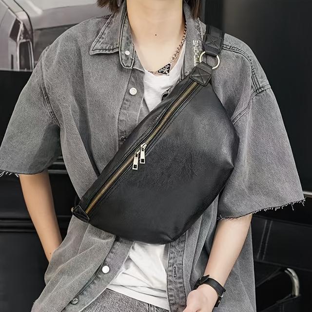 TEMU Men's Retro Streetwear Chest Bag - Large Capacity Leather Crossbody & Waist Bag With Multiple Compartments, Zipper Closure & Stylish Stitching For Daily , Sports, Casual , Sleek Texture Finish