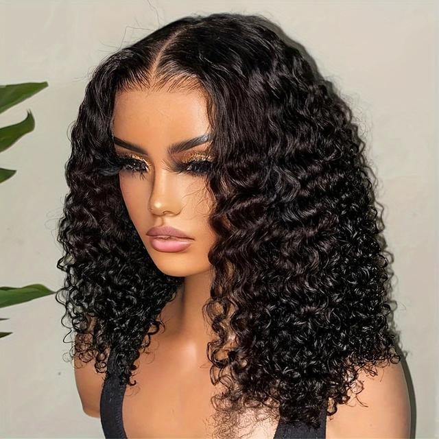 TEMU Short Bob Wig With Water Wave Style, Featuring A 4x4 Lace Closure, Made From Human Hair For Women. This Curly Bob Wig Has A 150% Density