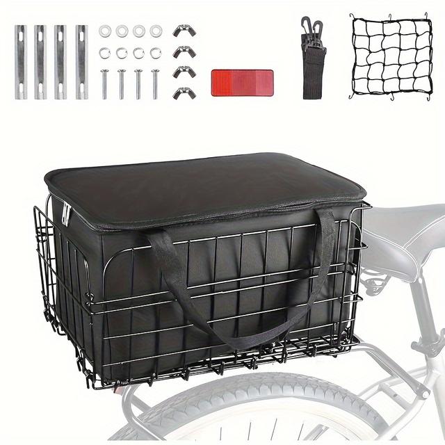 TEMU Collapsible Rear Bicycle Basket, Metal Construction With A Pu Liner Bag And Waterproof Cover, Featuring -release Design Suitable For Most Rear Bike Racks