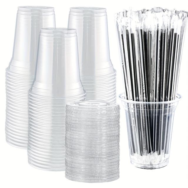 TEMU 100pcs (50 Cups + 50 Lids) Disposable Cups With Lids And Straws, Transparent Plastic Cups, Cold Drinks, Coffee Cups, Suitable For Refusing Homemade Drinks, Parties, Outdoor Picnics