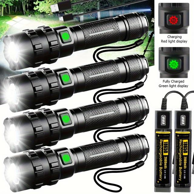 TEMU 4 Sets Rechargeable Flashlight, Xhp50 Led Flashlight, 5 Light, With Rechargeable Battery & Battery Charger, Suitable For Outdoor Camping, Climbing, Running