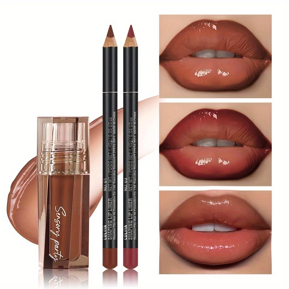 TEMU Set Of 3 Lip Glosses And Lip Liners - Shape Your Lips With 3d Accuracy, Get For Any Event, Ideal For All Makeup Styles!