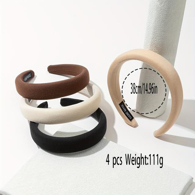 TEMU 4pcs Elegant Wide Fabric Headbands For Women - Simple & Chic, Solid Color, Comfortable Sponge Hair Cream, Black, , And Brown - Ideal For , Head Bands Hair Accessories