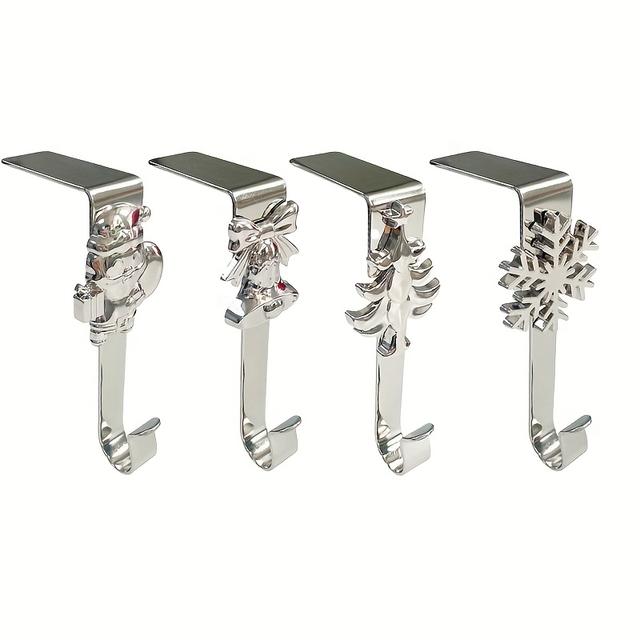 TEMU Set Of 4 Metal Hooks For Hanging Christmas Stockings, Made Of Wrought Iron. Decorative Hangers Are Rust-resistant, Can Hold A Weight, And No Drilling. Feature Designs Of Snowflakes, Bells