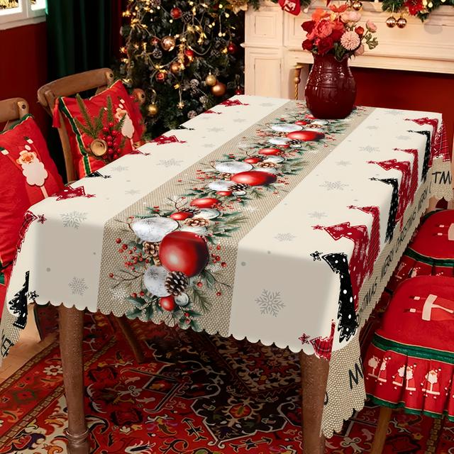 TEMU . Festliche Weihnachtstischdecke - Polyester, Rund mit Schneeflocken- & Baum-Design, "Frohe Weihnachten" Text, Ideal für Feiertagspartys & Familienessen, Weihnachtstischdekorationen