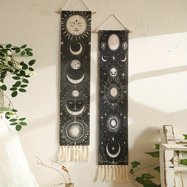 TEMU Hand- Tassel Tapestry With Sun And Moon Prints - White Wall Hanging Cloth For Living Room, Bedroom, , Fiberboard Material
