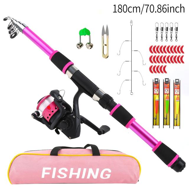 TEMU Women's Pink Collapsible Fishing Rod Kit Complete Spinning Reel Set With Tackle Bag, Lures, Hooks, Rod Holder & Tools Lightweight Portable Freshwater Fishing Gear For Beginners