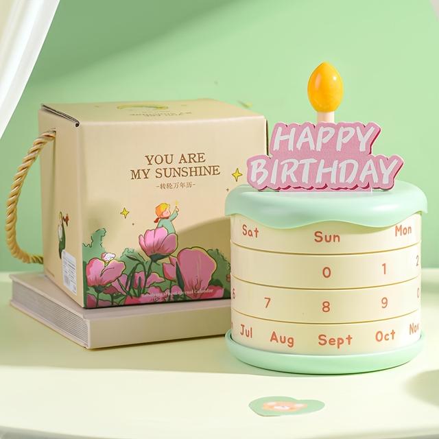 TEMU تقويم دائم على شكل كعكة عيد ميلاد، تقويم مكتب مصمم بشكل ، تقويم صغير يدور يدويًا، هدية تقويم مكتب دائم من نوعها بنمط ريترو، يظهر الشهر والتقويم، زينة ديكور منزلي، أدوات مكتبية