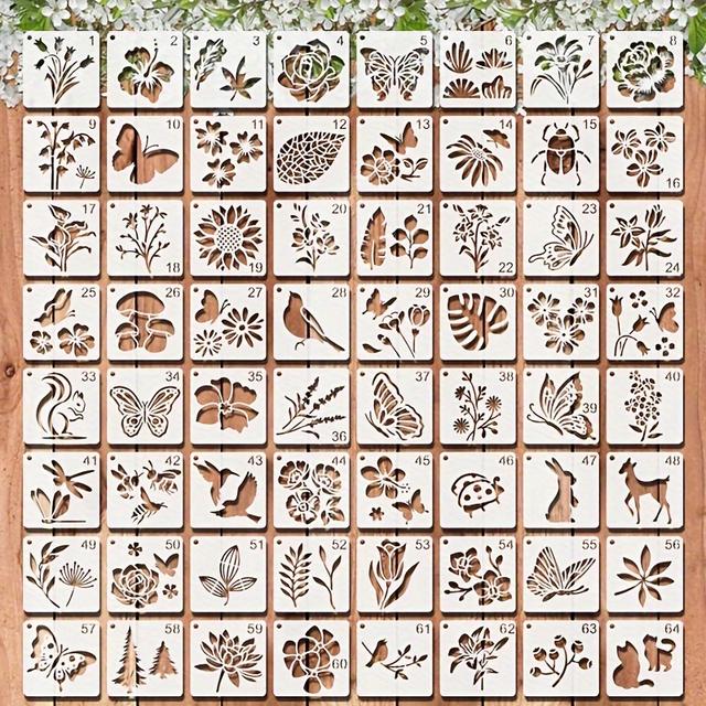 TEMU 64pcs Nature-inspired Stencil Kit - Reusable 3" Plastic Templates With Birds, Butterflies, Flowers & Plants Designs For Diy Crafts, Wall Decor, And Rock Painting