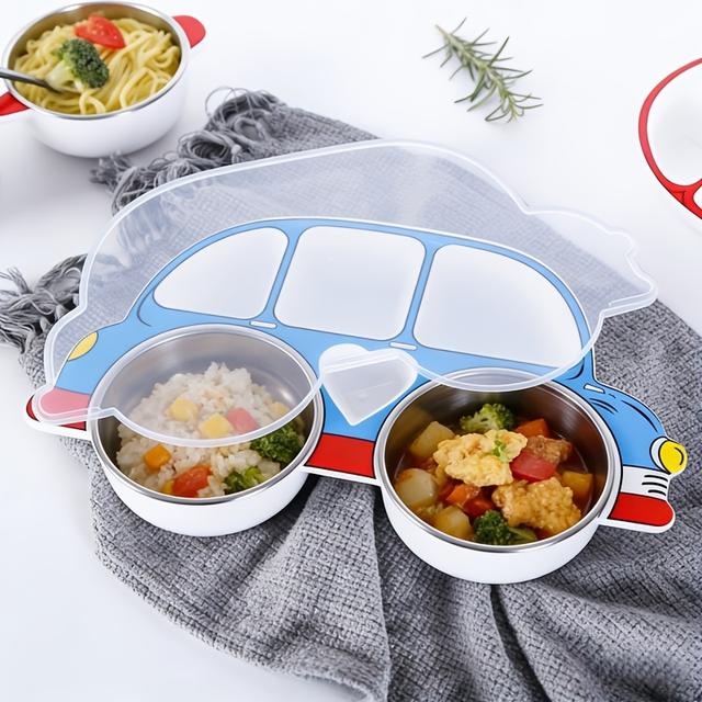 TEMU Set geteilter Teller mit Deckel, hergestellt aus 304 Edelstahl, mit einem Cartoon-Auto-Design. Dieses Anti-Fall-Geschirr ist für