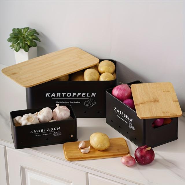 TEMU A Storage Container For Garlic, Potatoes, And Onions Features A Bamboo Lid And Ventilation To Freshness. Stackable And Reused. Washing . A Versatile Kitchen Storage Solution