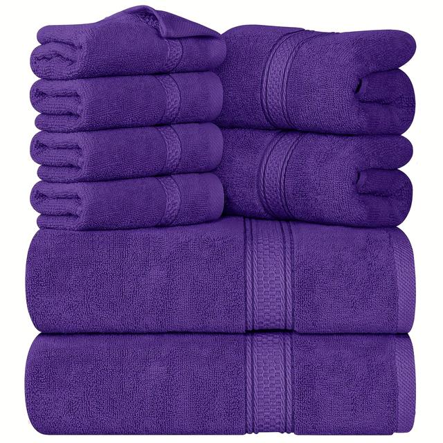 TEMU Set Of 8 High-quality Towels, Including 2 Bath Towels, 2 Hand Towels, And 4 Washcloths, Made From Absorbent Cotton, Suitable For Use In Bathrooms, Gyms, Hotels, And Spas (in Purple Color).