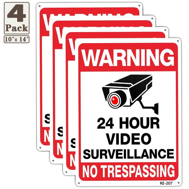 TEMU 4pcs Warning Security Cameras In Use 24 Hour Video Surveillance Sign 10x14 Aluminum Printed, Durable/weatherproof Years Outdoor For House And Business
