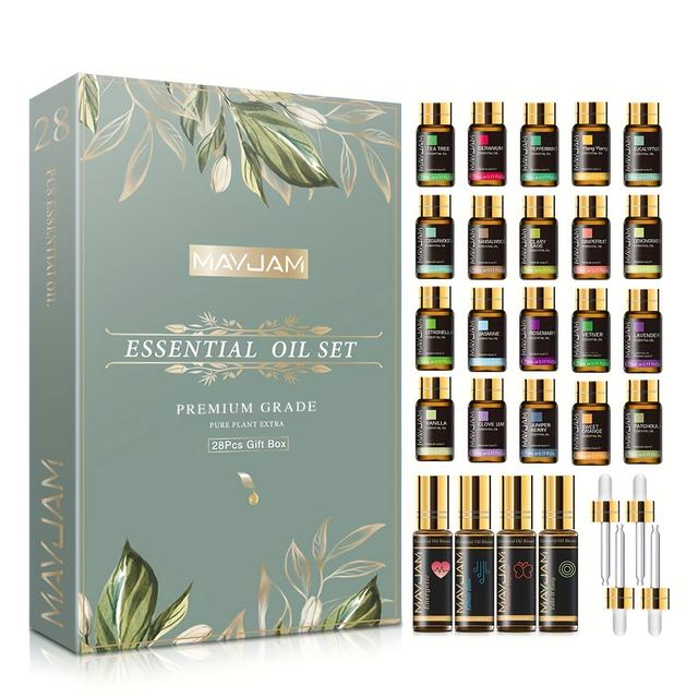 TEMU Kit Cadeau MAYJAM de 28 Huiles Essentielles - 24x5ml d'Huiles Individuelles et 4x10ml de Mélanges pour Diffuseur ou
