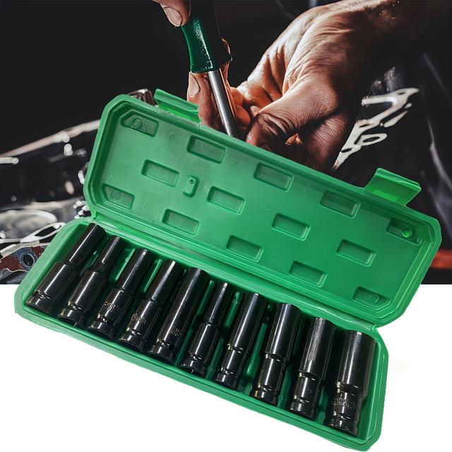 TEMU 10-teiliges 1/2" Antrieb Schlagschraubenschlüssel-Set, Metrische Größen (8-24mm/10-24mm), 6-Punkt-Tiefenschlüssel mit Aufbewahrungskoffer, -Stahl - Heimwerkerwerkzeuge
