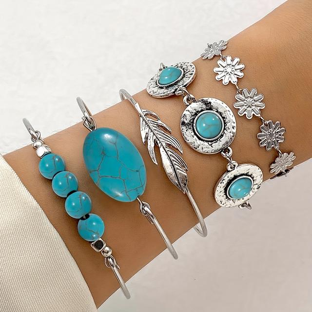 TEMU 5pcs Vintage Boho Style Turquoise Mosaic Bracelets Set | Ethnic Floral , Iron Material, Ideal For Gifts And Parties