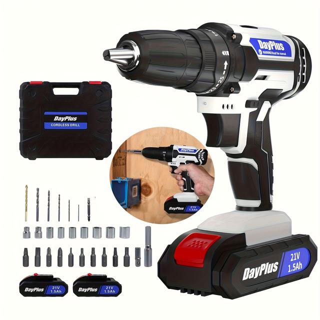 TEMU Cordless Drill Set, 21v Lithium-ion Cordless Power Drill, 0-1400 Rpm Variable Speed, 25+1 Clutch Style, 3/8" Metal , 2x1.5ah Batteries, 45nm Torque, 29pcs Accessories