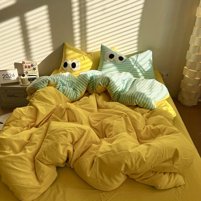 TEMU 4点セット かわいいキャラクターデザイン 布団カバーセット 柔らかく快適 通気性抜群 反応性プリント素材 洗濯機対応 ユニバーサル四点セット 1枚の布団カバー（中綿なし）、1枚のシーツ、2枚の枕カバー（中綿なし） シンプルで上品, 季節の寝具,楽しいプリント,ミニマリストスタイル,軽量素材,通気性のある生地,枕カバーセット,予算を気にするお客様,大学生