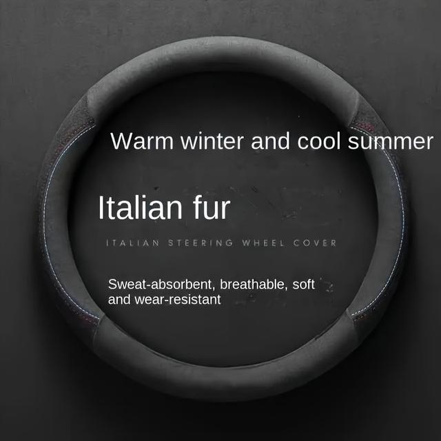 TEMU 【통기성 가죽】럭셔리 이탈리아 인조 퍼 스티어링 휠 커버 - 초박형, 땀 흡수, 통기성, 미끄럼 방지 그립 & 내부 링, 사계절용, 남녀 공용 스타일리시 블랙 디자인
