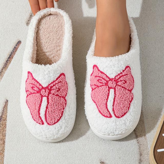 TEMU Cozy Pink Bowknot Slippers - Women's Fashionable Plush Home Footwear With Tpr Sole, , Cartoon Design, And Soft Fabric Lining, Cute House Shoes