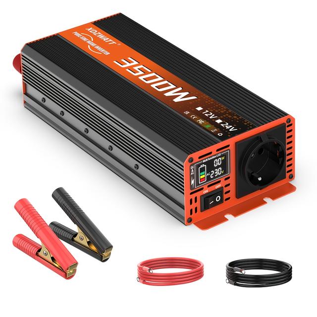 TEMU 3500w Pure Sine Power Inverter 12v To 220v Ac Converter With Eu Ac Socket And Smart Lcd Display For Laptops Rv, Without Battery