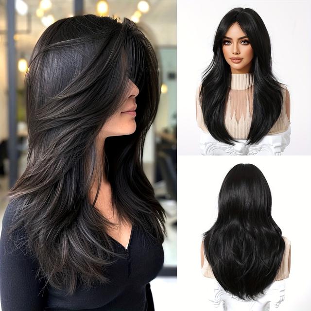 TEMU Daily Wig, Black Middle Part Long Straight Hair, Cap, European And American Women