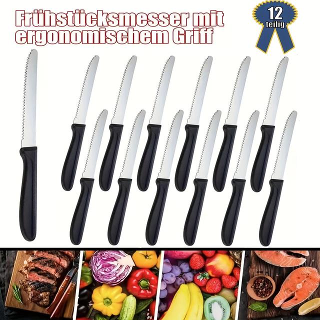 TEMU 12pcs Stainless Steel Steak Knife Set, Serrated Edge, Ergonomic Handle, , Dishwasher Safe, With For Home, Kitchen, And Restaurant Use